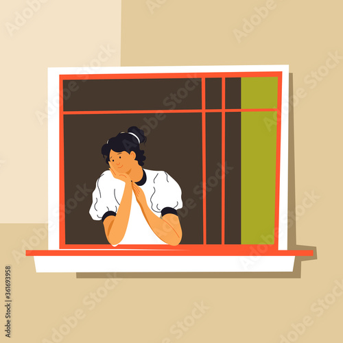 Bored woman looking out of window, coronavirus quarantine boredom