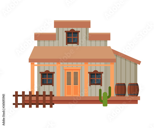 Wild West Wooden House Building, Architectural Construction of Western Town Vector Illustration