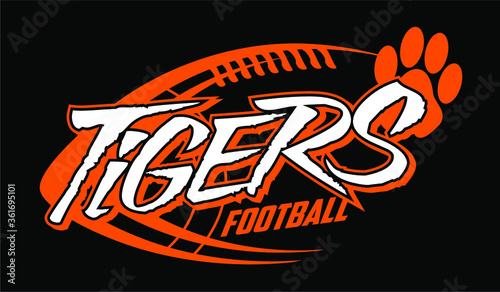 tigers football team design with large paw print and ball for school, college or league