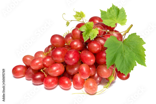 Red grape with leaves isolated on white, Bunch of fresh red juicy grapes isolated on white