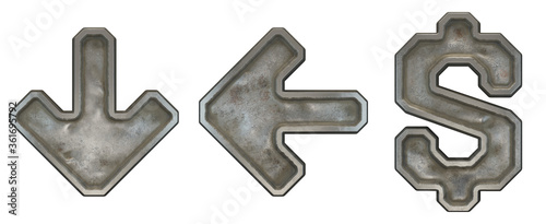 Set of symbols arrow to down, left arrow, dollar made of industrial metal on white background 3d
