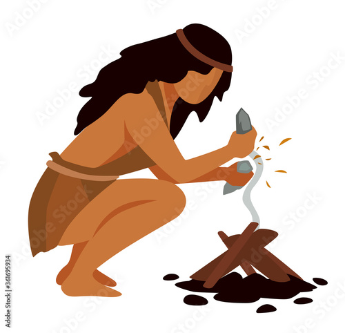 Prehistoric people making fire using rocks to get spark