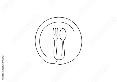 Continuous line drawing of food symbol. Sign of plate, knife, and fork. Minimalism hand drawn one line art minimalist vector illustration. Dinner theme with creative sketch contour.
