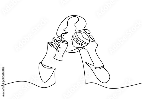 Continuous one line drawing, vector of people eating junk food and drinking juice. Minimalism design with simplicity hand drawn isolated on white background.