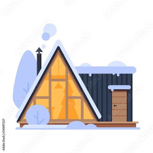 Cute Snowy House, Suburban Winter Cottage Building with Glowing Windows and Smoking Chimney Vector Illustration