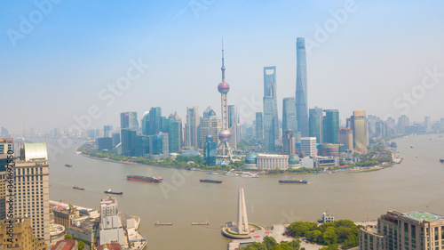 Canvas Print Aerial shot of Lujiazui, the financial district in Shanghai, China, in a sunny day