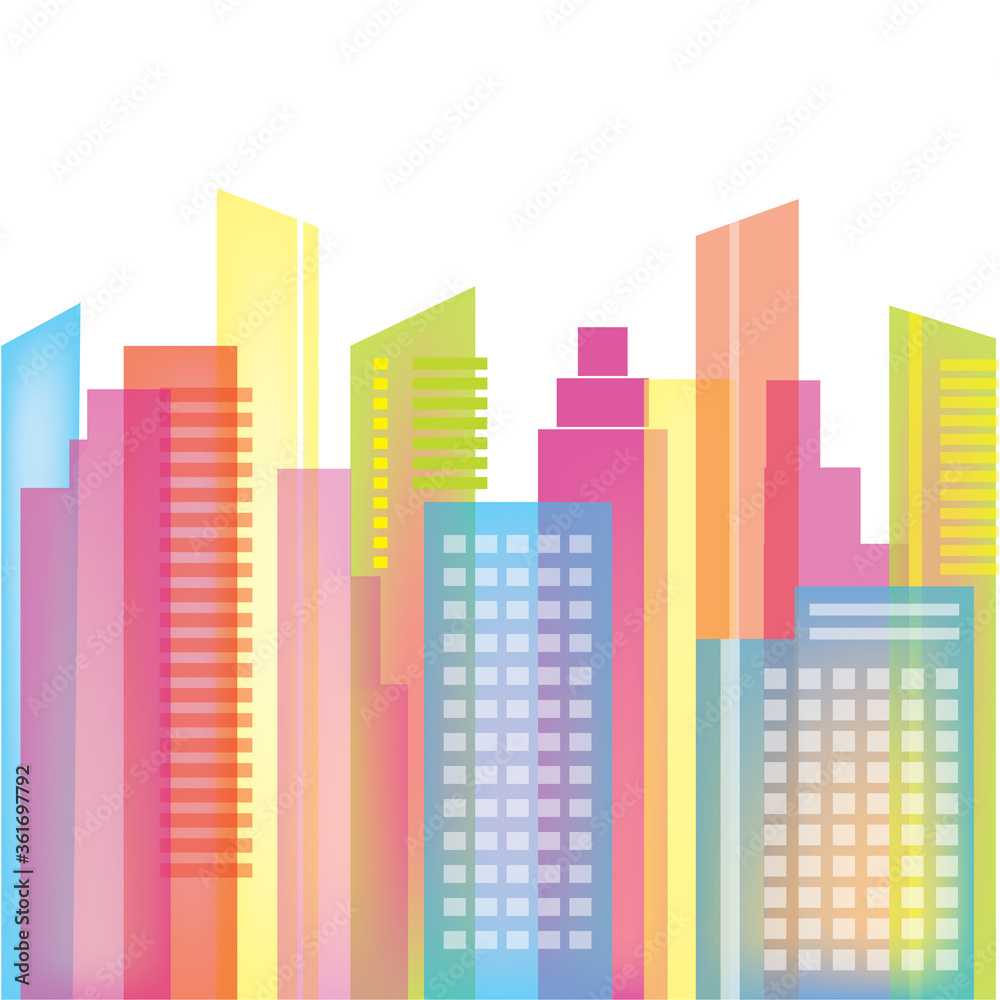 Colorful city skyline vector illustration, multicolored building silhouettes, architecture of modern cities, business background.