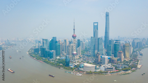 Aerial shot of Lujiazui, the financial district in Shanghai, China, in a sunny day.