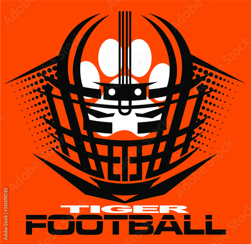 tiger football team design with helmet and paw print for school, college or league