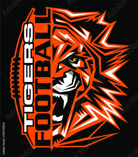 tigers football team design with half mascot and laces for school, college or league