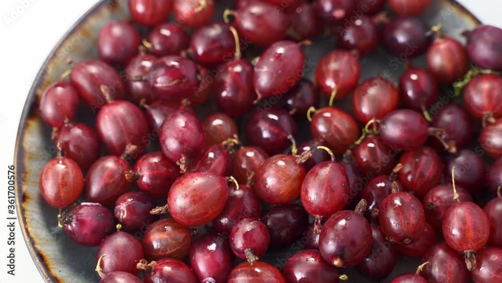 Close up rotating shot of red gooseberry harvest. Healthy lifestyle and eating. Vegan food Close up rotating shot of red gooseberry harvest. Healthy lifestyle and eating. Vegan food