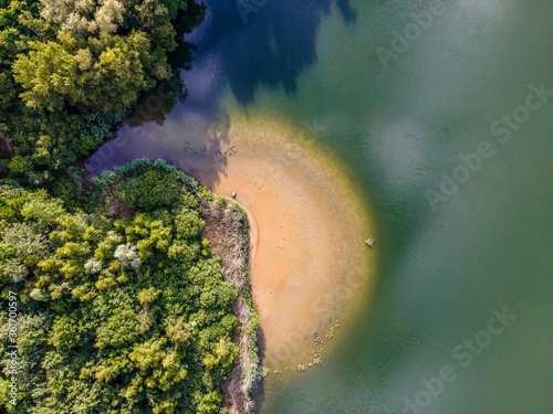 90 degrees aerial view of the lake called Oberwaldsee next to Darmstadt, Germany.