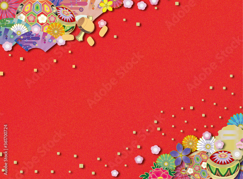 年賀状 和柄 フレーム 祝 メッセージカード 贈り物 お祝い 正月 年賀 春 和 プレゼント ギフト 花 着物 着物柄 牡丹 きれい お歳暮 装飾 毬 打ち出の小槌 扇子 小判 梅 菊 グラデーション かわいい リアル絵 金色 金 七五三