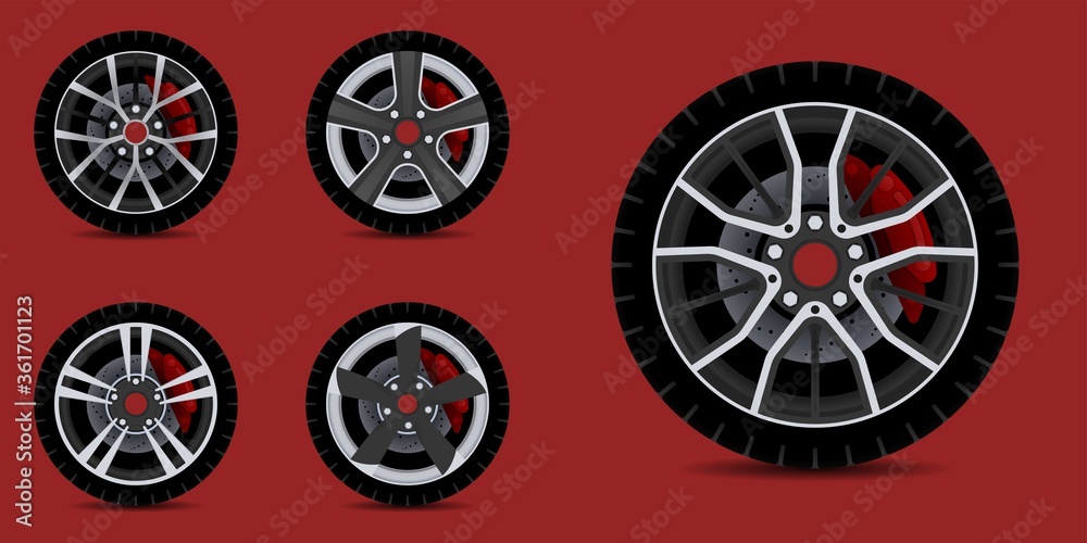 Sports car rim. car tyre collection isolated graphic design for modern transportation car. Sports car rim. car tyre collection isolated graphic design for modern transportation car.