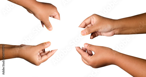 The conceptual idea of money being given and received. Hand movement. on white background.