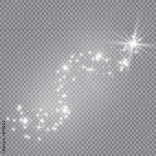 Vector sparkling falling star. Stardust trail. Glow light effect. Vector illustration. Christmas flash Concept.