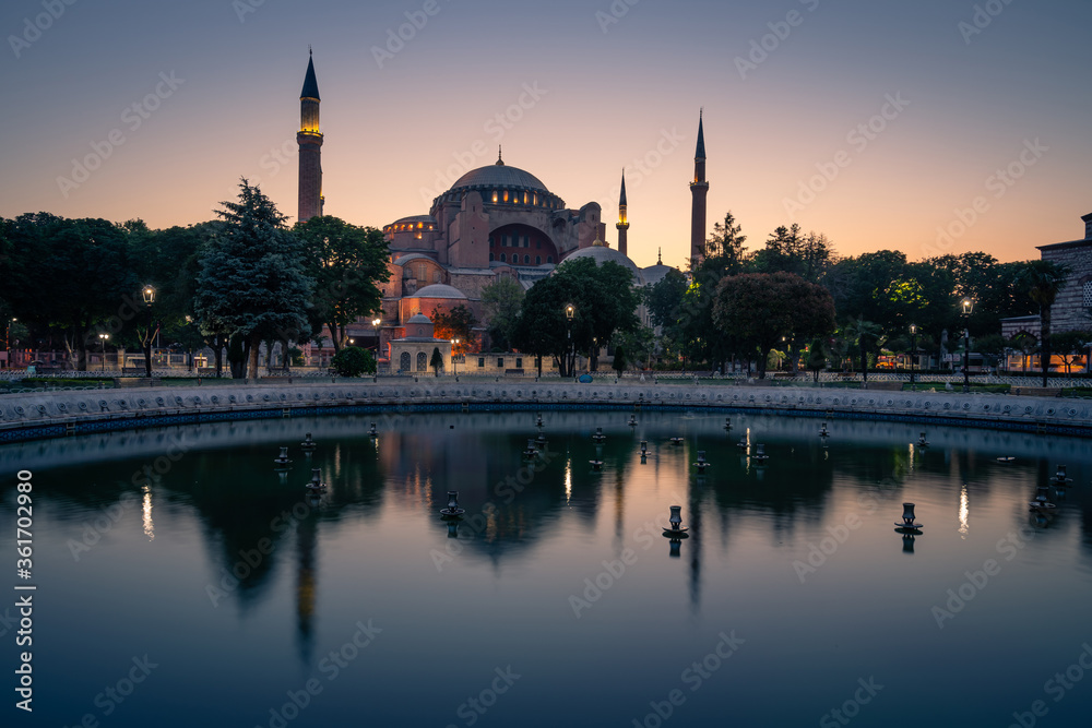 Hagia Sophia museum with reflection view from the Sultan Ahmet Park in Istanbul, Turkey