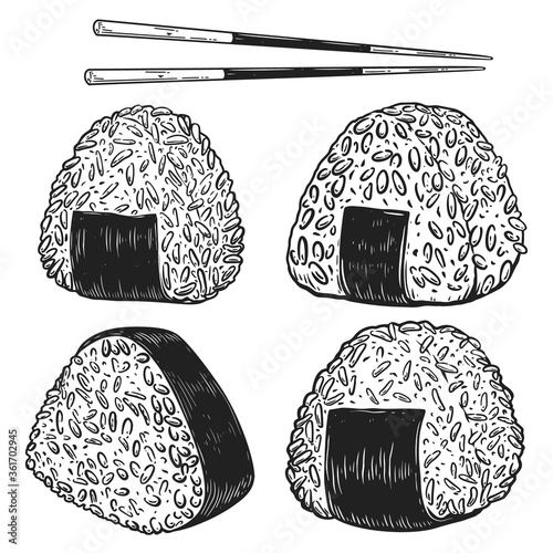 Set of illustrations of onigiri in engraving style. Design element for poster, card, banner, flyer, menu, emblem. Vector illustration