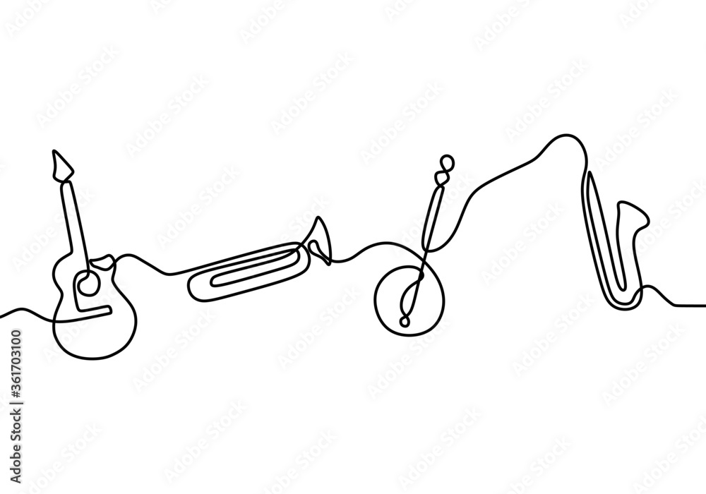 Melodic Drawing Line Instruments One continuous line drawing of jazz instrument. Musical tools of ...
