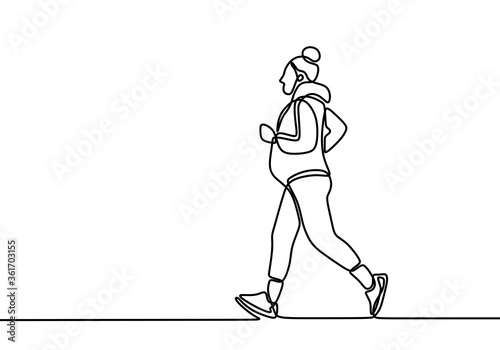 One continuous drawn line of woman pregnant painted by hand silhouette picture. Happy young mom pregnant jogging in the morning. Character woman pregnancy in sport isolated on white background.