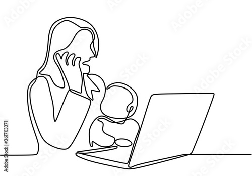 One continuous drawn line of a woman working in her home with a child on her hands painted by hand silhouette picture. Young mother work from home while holding her baby isolated on white background