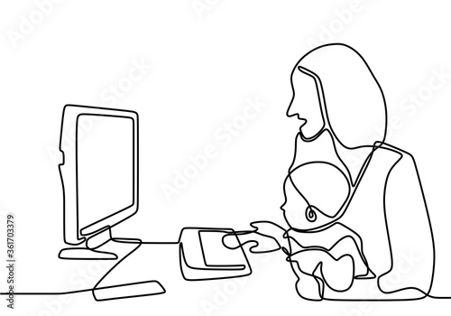 One continuous drawn line of a woman working in her home with a child on her hands painted by hand silhouette picture. Young mother work from home while holding her baby isolated on white background