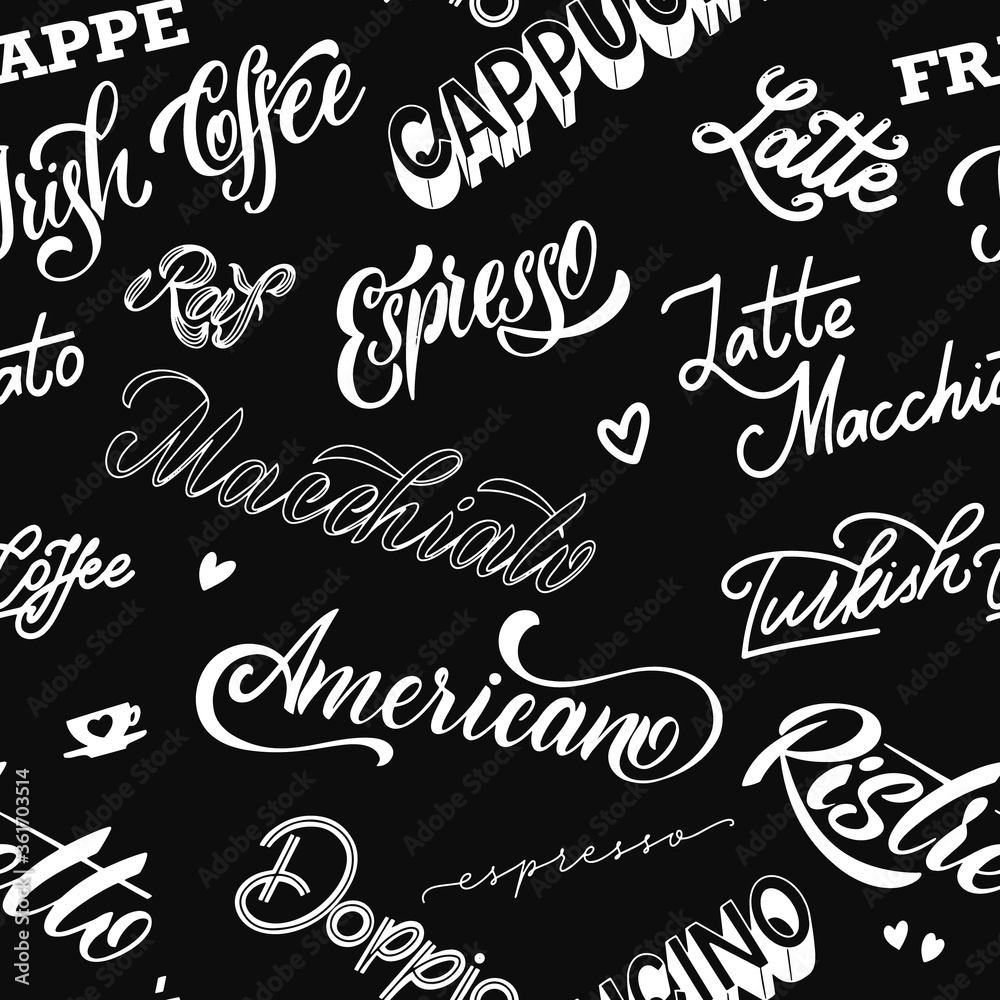 Coffee lettering seamless pattern. Design for print, poster, invitation, t-shirt and badges Coffee lettering seamless pattern. Design for print, poster, invitation, t-shirt and badges