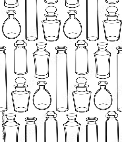 Seamless texture with outline bottles, flasks and jars on a white background. Magical pharmacy objects. Vector contour pattern for fabrics, wallpapers and your design.