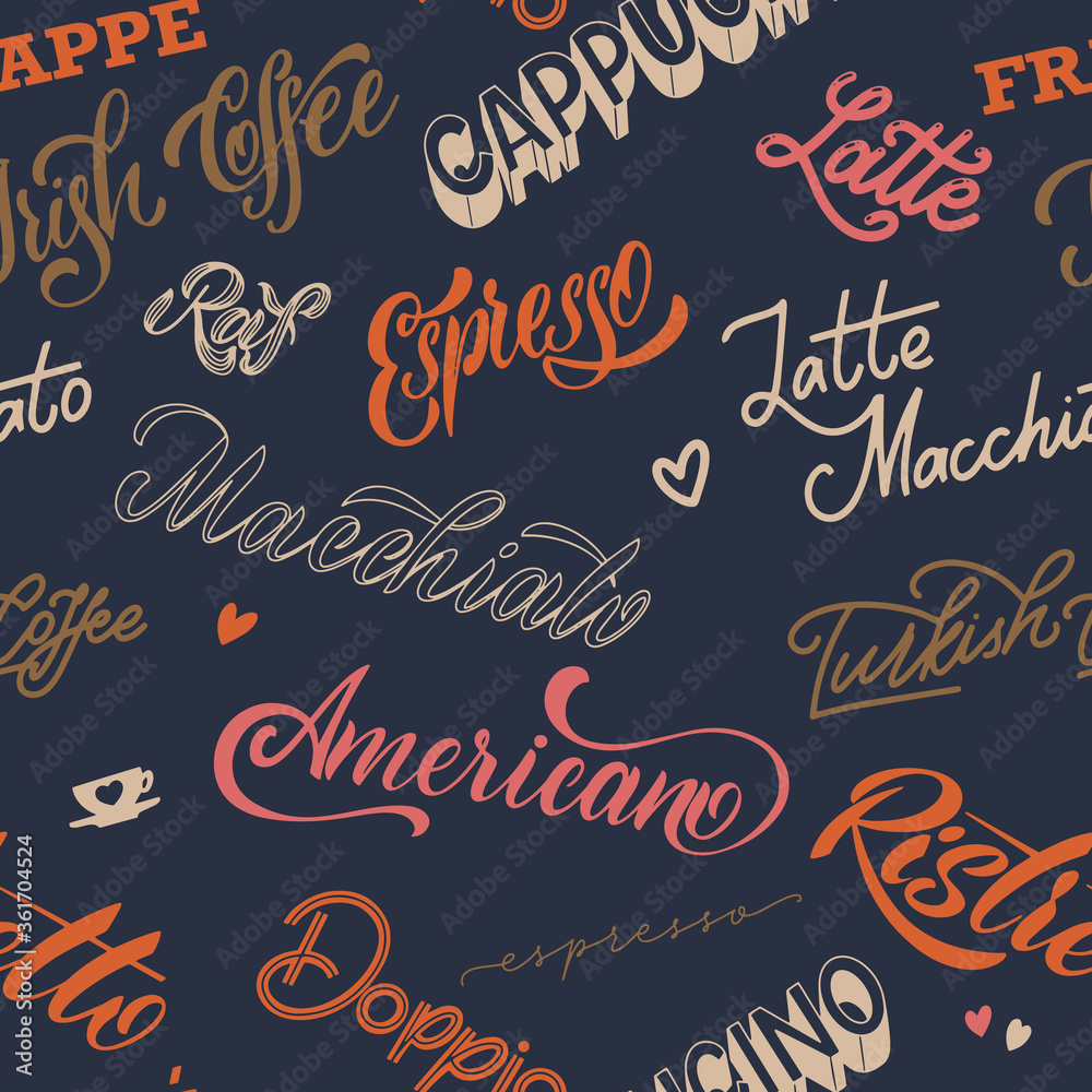 Coffee lettering seamless pattern. Design for print, poster, invitation, t-shirt and badges Coffee lettering seamless pattern. Design for print, poster, invitation, t-shirt and badges