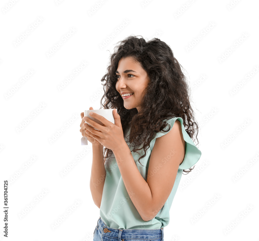 Beautiful young woman with hot tea on white background Beautiful young woman with hot tea on white background