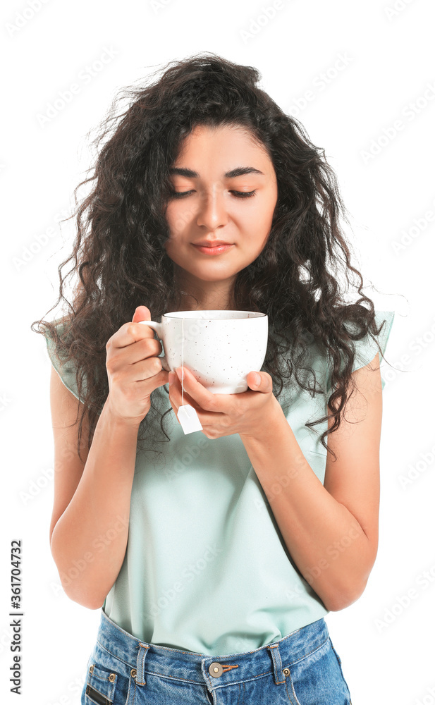 Beautiful young woman with hot tea on white background Beautiful young woman with hot tea on white background