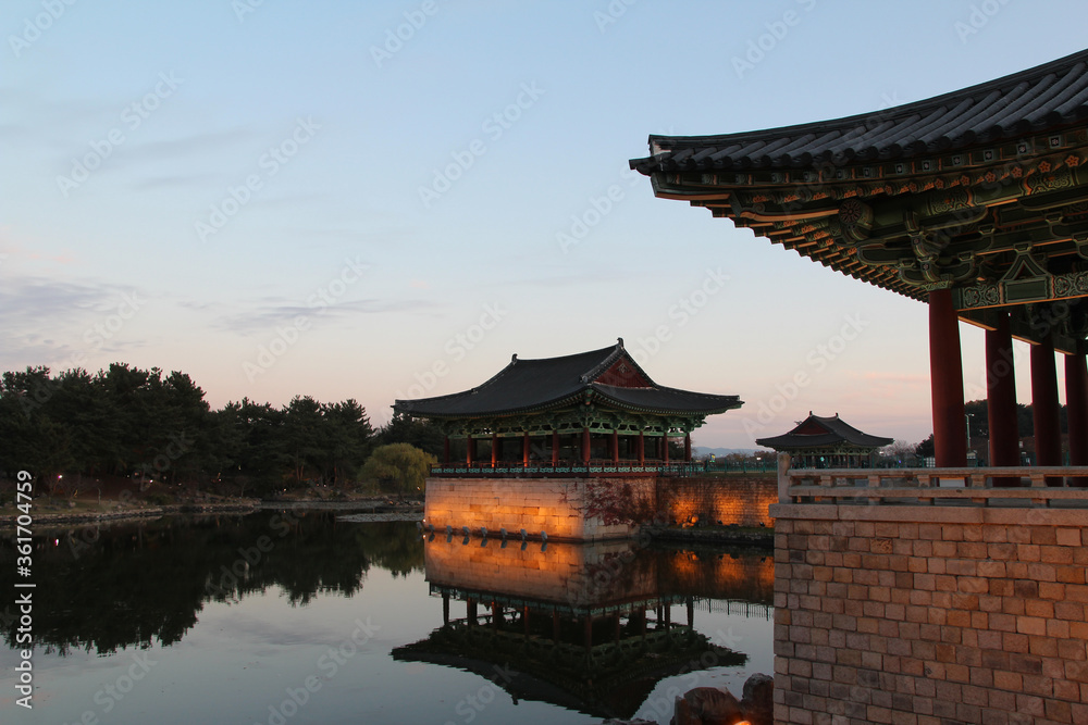 Night view of Donggung Palace and Wolji Pond with the light and reflection in Gyeongju, South Korea