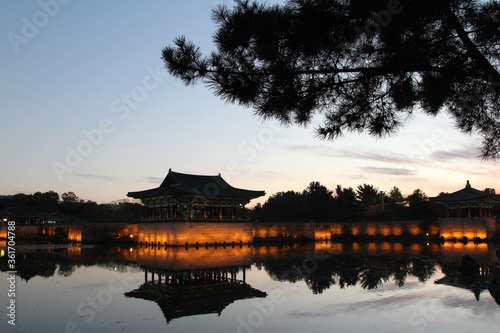 Night view of Donggung Palace and Wolji Pond with the light and reflection in Gyeongju, South Korea