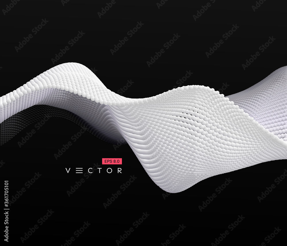 3D wavy background. Array with dynamic emitted particles. A wave formed from many spheres. Abstract vector illustration. Design template. Modern pattern.