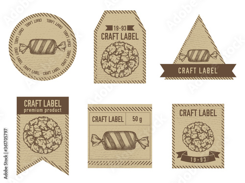 Craft labels vintage design with illustration of candies, cookie