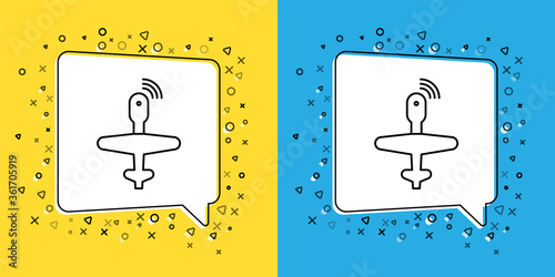 Set line UAV Drone icon isolated on yellow and blue background. Military Unmanned aircraft spy.  Vector Illustration