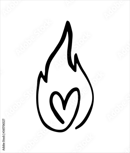 Line fire heart and flame. Graphic element vector. Sketch fire heart, in love. Hand drawing hot black tattoo illustration on white vintage background. Line bonfire draw. Retro brush outline love