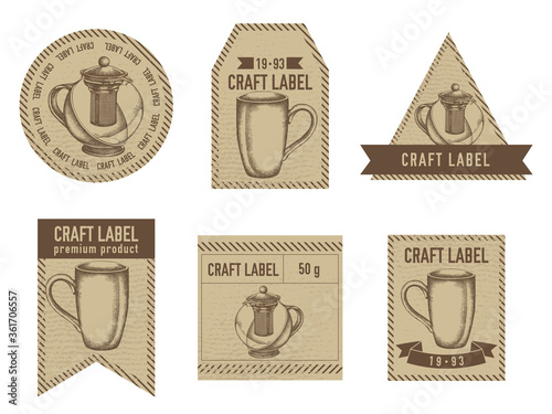 Craft labels vintage design with illustration of teapots, cups
