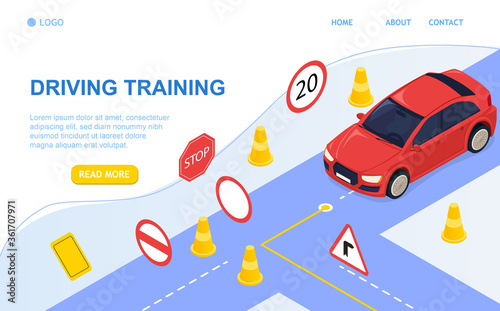 Driving school concept and training. Driving by the rules. Study of road signs and car. Perfect for landing page, banner, header or mobile application. All objects are grouped. 3D Isometric Vector