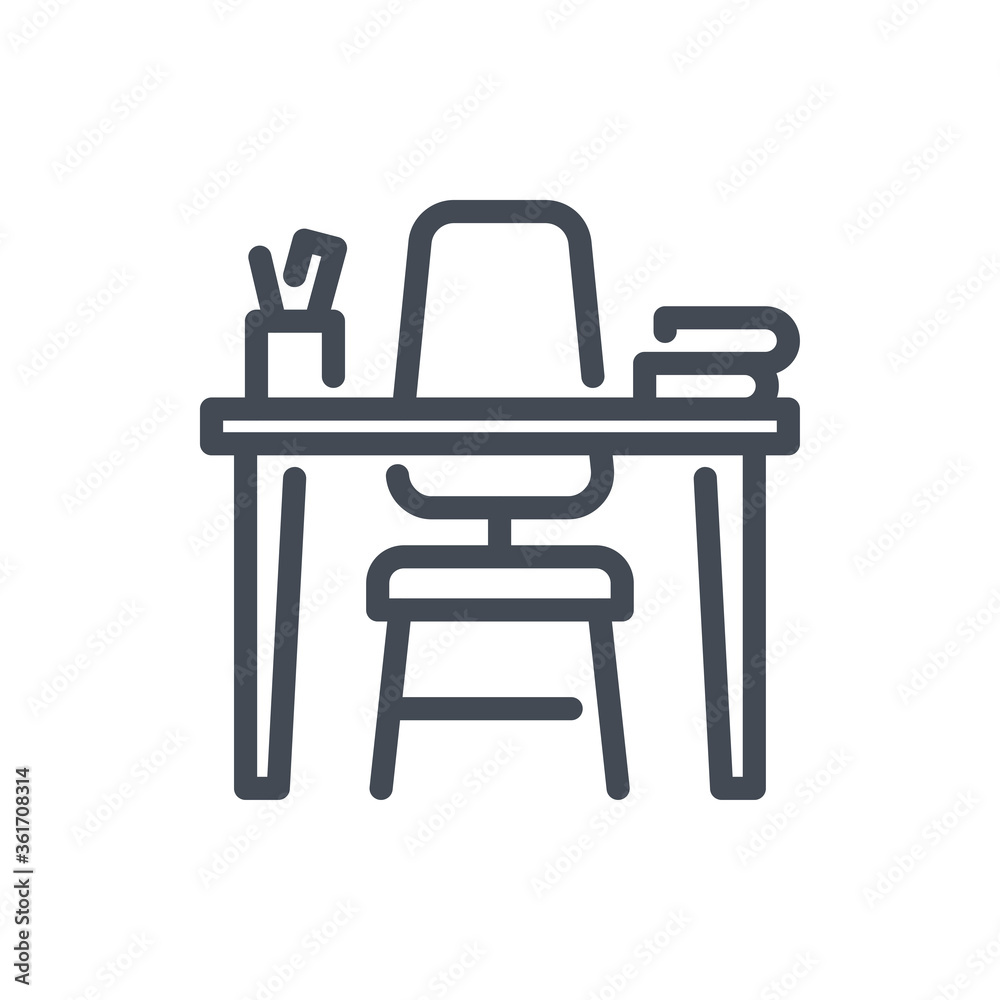 Work Place line icon. Chair and Table with Books and Can with pens vector outline sign. Work Place line icon. Chair and Table with Books and Can with pens vector outline sign.