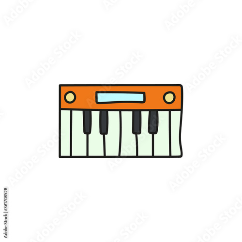 Cartoon hand drawn childish electronic synthesizer icon. Vector illustration in sketch style
