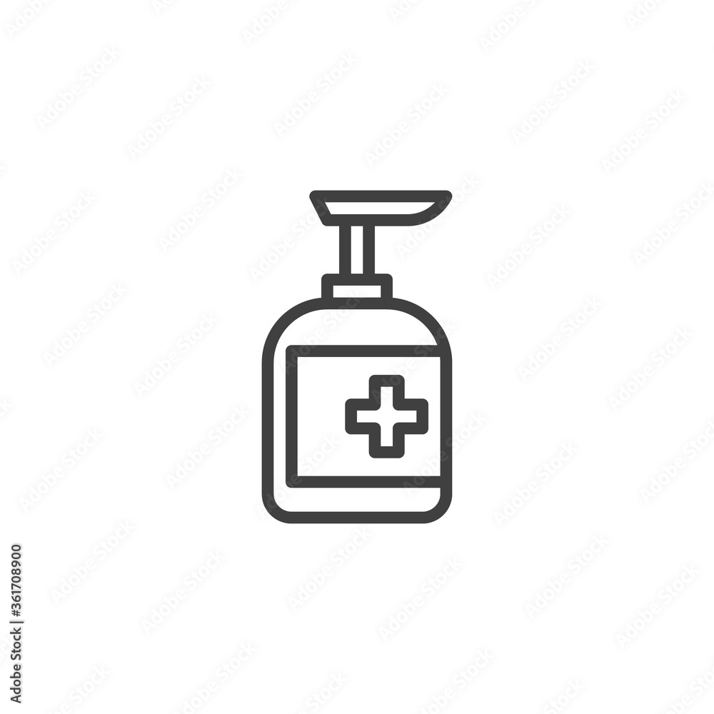 Hand sanitizer bottle line icon. linear style sign for mobile concept and web design. Antiseptic gel outline vector icon. Symbol, logo illustration. Vector graphics Hand sanitizer bottle line icon. linear style sign for mobile concept and web design. Antiseptic gel outline vector icon. Symbol, logo illustration. Vector graphics