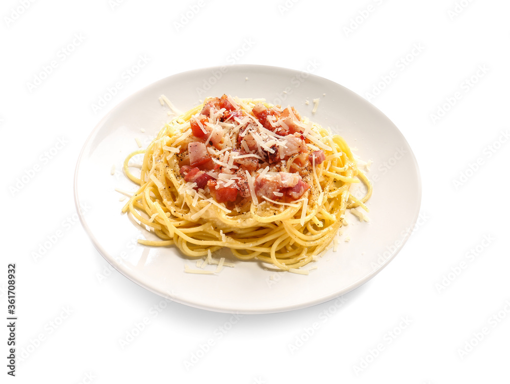 Plate with tasty pasta carbonara on white background Plate with tasty pasta carbonara on white background