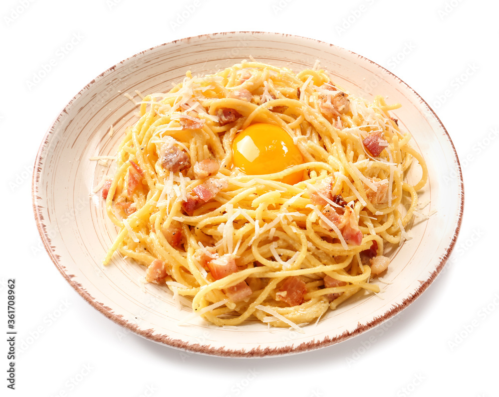 Plate with tasty pasta carbonara on white background