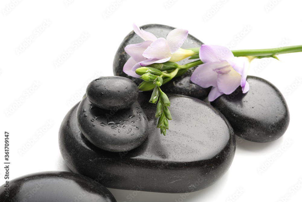 Spa stones and flowers on white background
