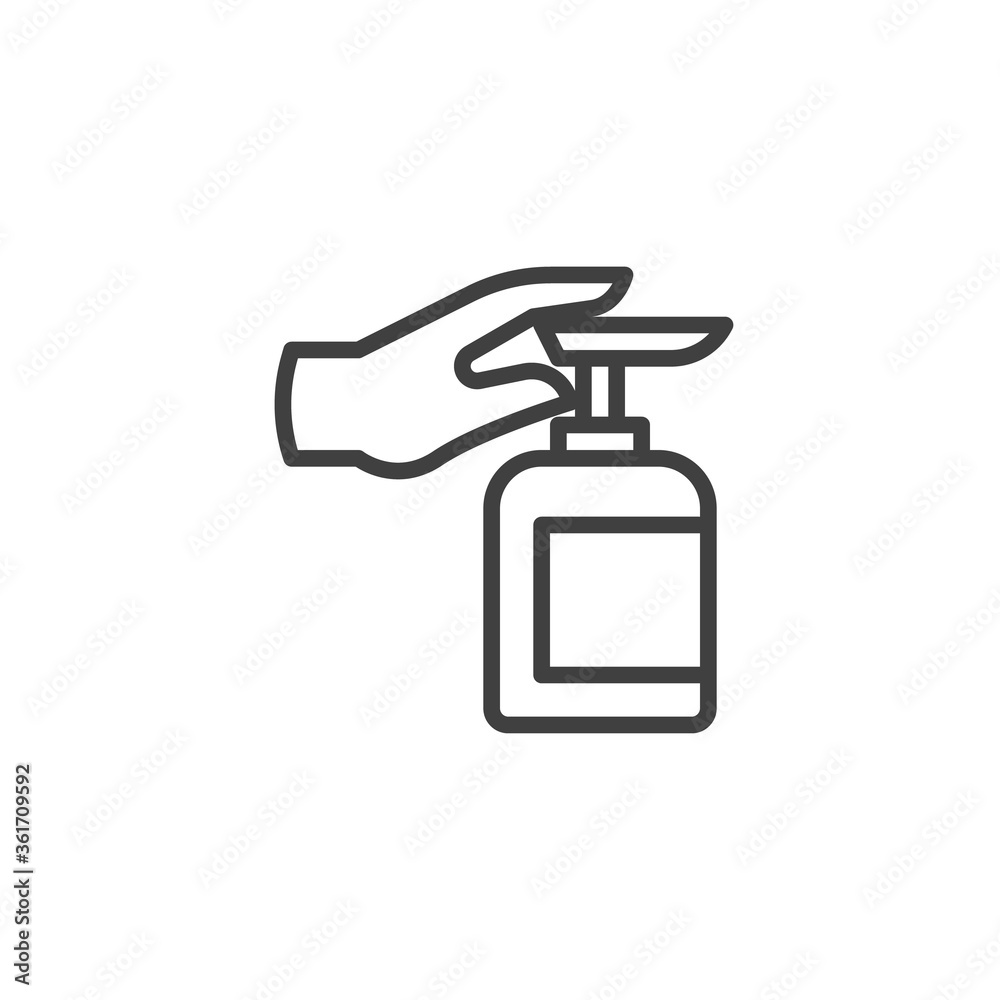 Hand press sanitizer bottle line icon. linear style sign for mobile concept and web design. Applying a moisturizing sanitizer outline vector icon. Cleaning and disinfection symbol, logo illustration Hand press sanitizer bottle line icon. linear style sign for mobile concept and web design. Applying a moisturizing sanitizer outline vector icon. Cleaning and disinfection symbol, logo illustration