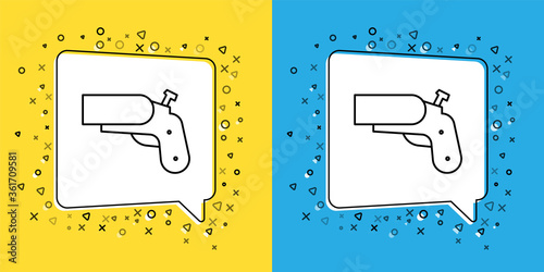 Set line Flare gun pistol signal sos icon isolated on yellow and blue background. Emergency fire shoot target smoke. Orange 911 launcher.  Vector Illustration