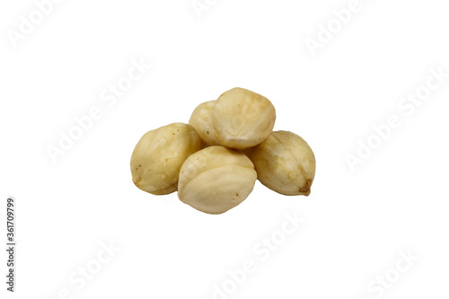 Peeled hazelnuts isolated on white background