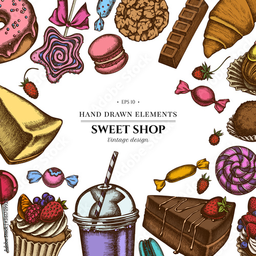 Colored elements design with cinnamon, macaron, lollipop, bar, candies, oranges, buns and bread, croissants and bread, strawberry, milk boxes, smoothie cup, lollipop, smothie jars, cheesecake, eclair