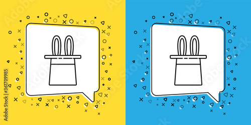 Set line Magician hat and rabbit ears icon isolated on yellow and blue background. Magic trick. Mystery entertainment concept.  Vector Illustration